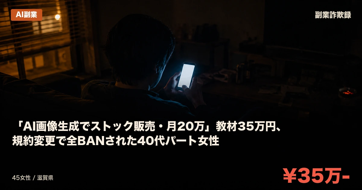 「AI画像生成でストック販売・月20万」教材35万円、規約変更で全BANされた40代パート女性