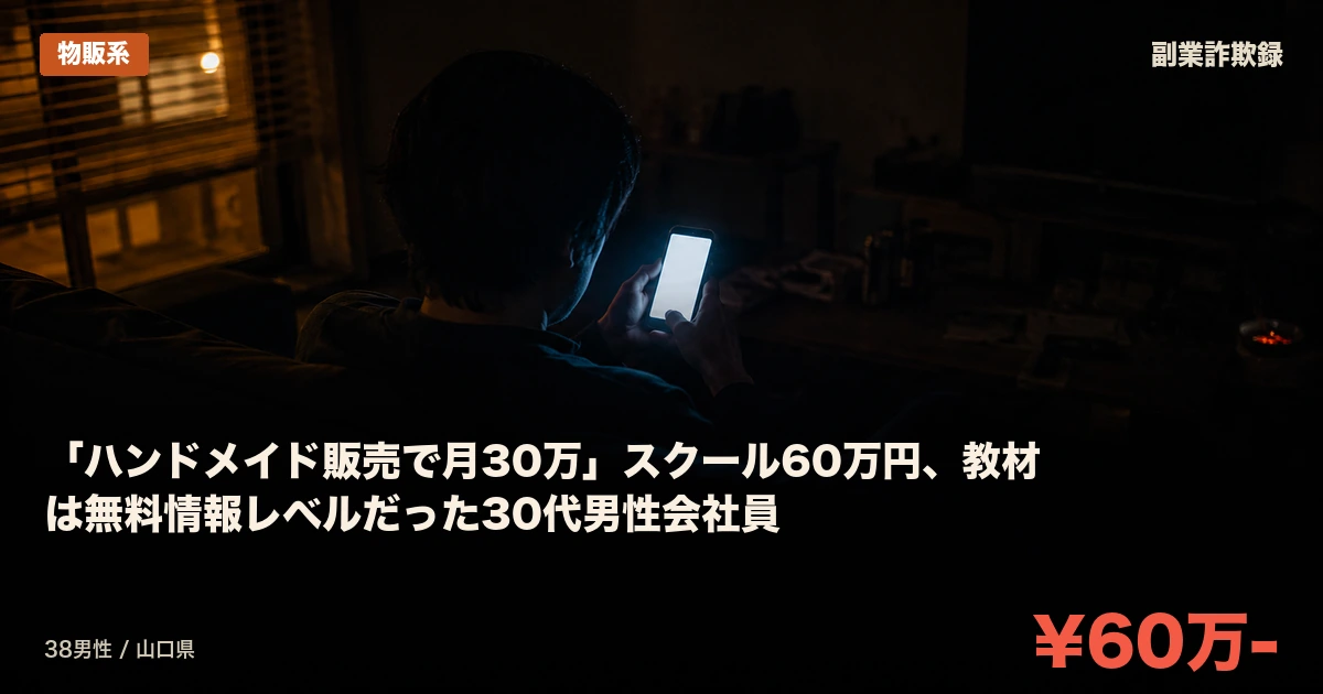 「ハンドメイド販売で月30万」スクール60万円、教材は無料情報レベルだった30代男性会社員